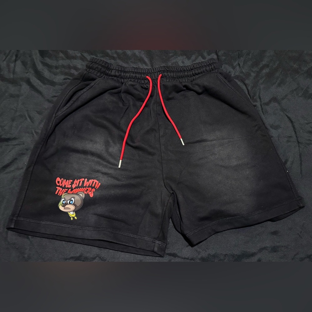 🏆THE WINNING TEAM🏆 black/red semi stone wash designer sweat-shorts